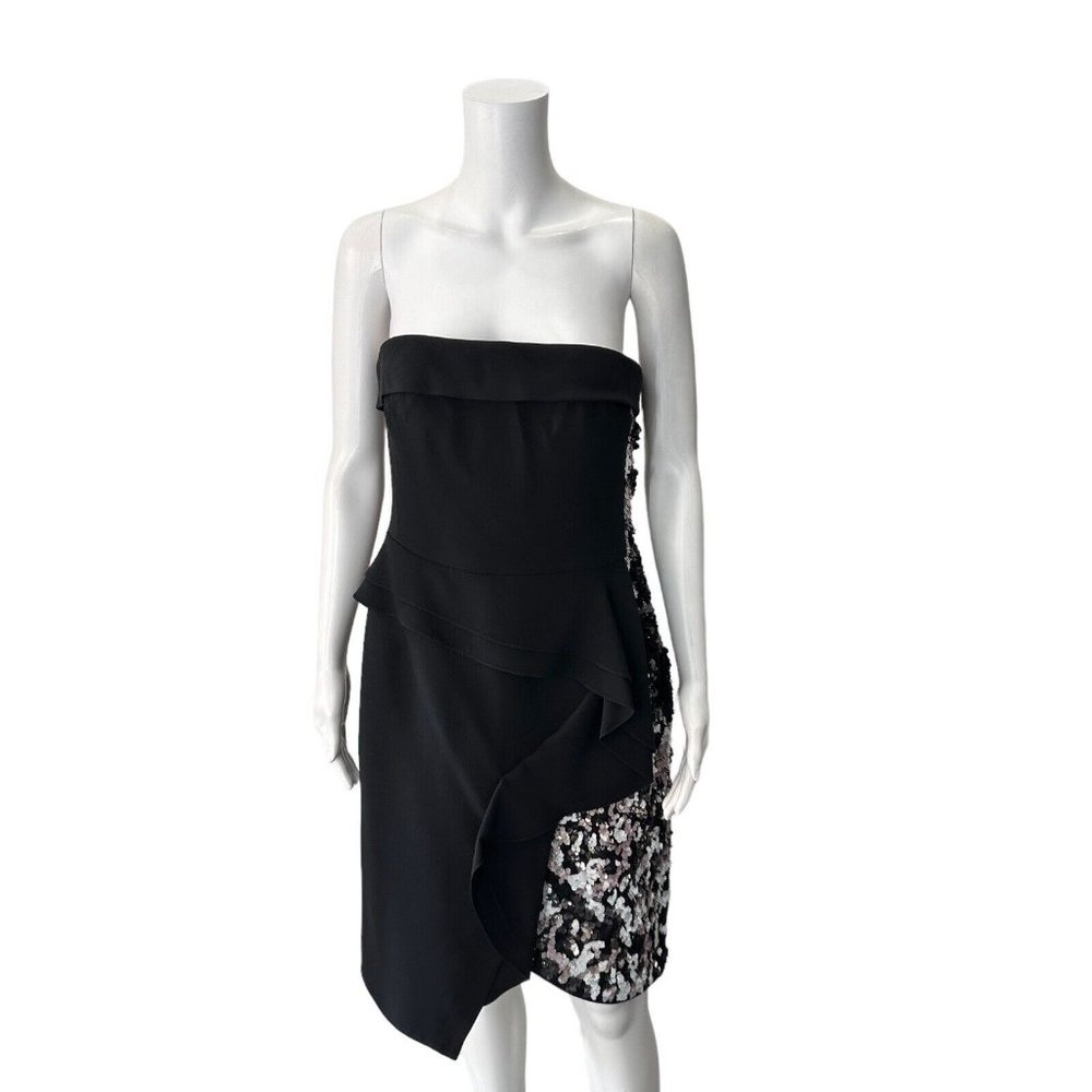 J Mendel Black Sequin Strapless Dress Size 10 100% Silk Short Mini Sheath